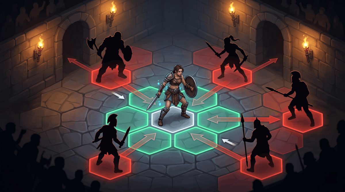 Gladiator on a hex arena planning movement and knockback angles