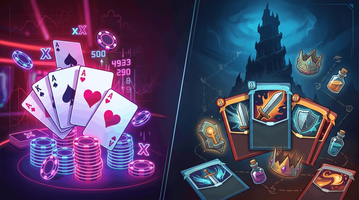 Poker chips and fantasy cards split across a versus-style deckbuilder cover