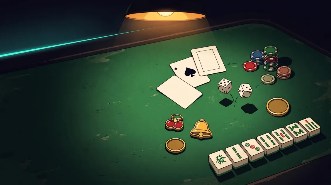 Overhead casino table scattered with playing cards, dice, slot reel symbols, and mahjong tiles