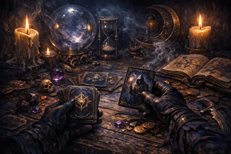 Four fantasy heroes study cards around a glowing battle table.
