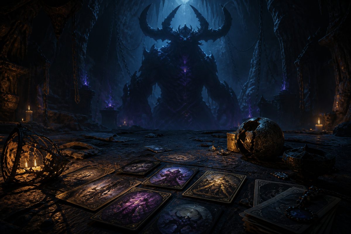Horned boss silhouette facing glowing cards and a lantern in a dark cavern