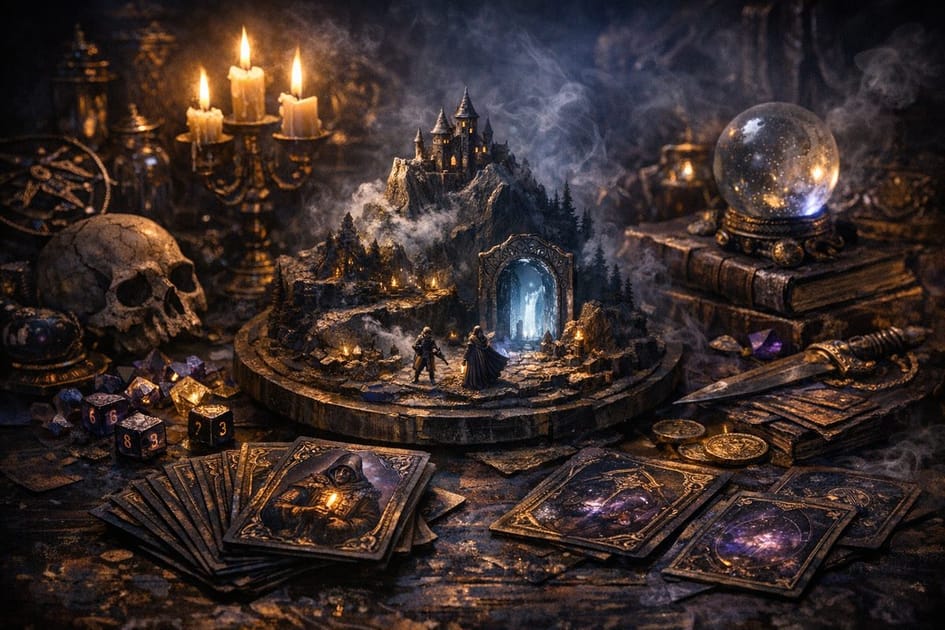 A party faces enemies across a dark fantasy card battle screen.