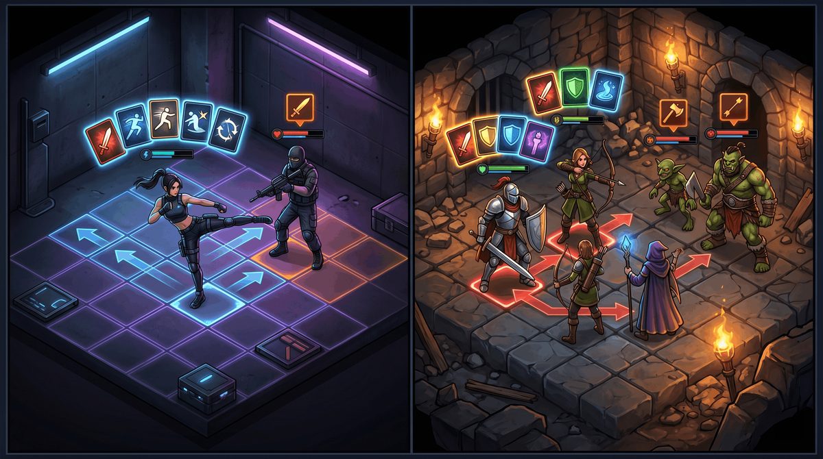Tactical card fighters maneuvering across cramped grid arenas