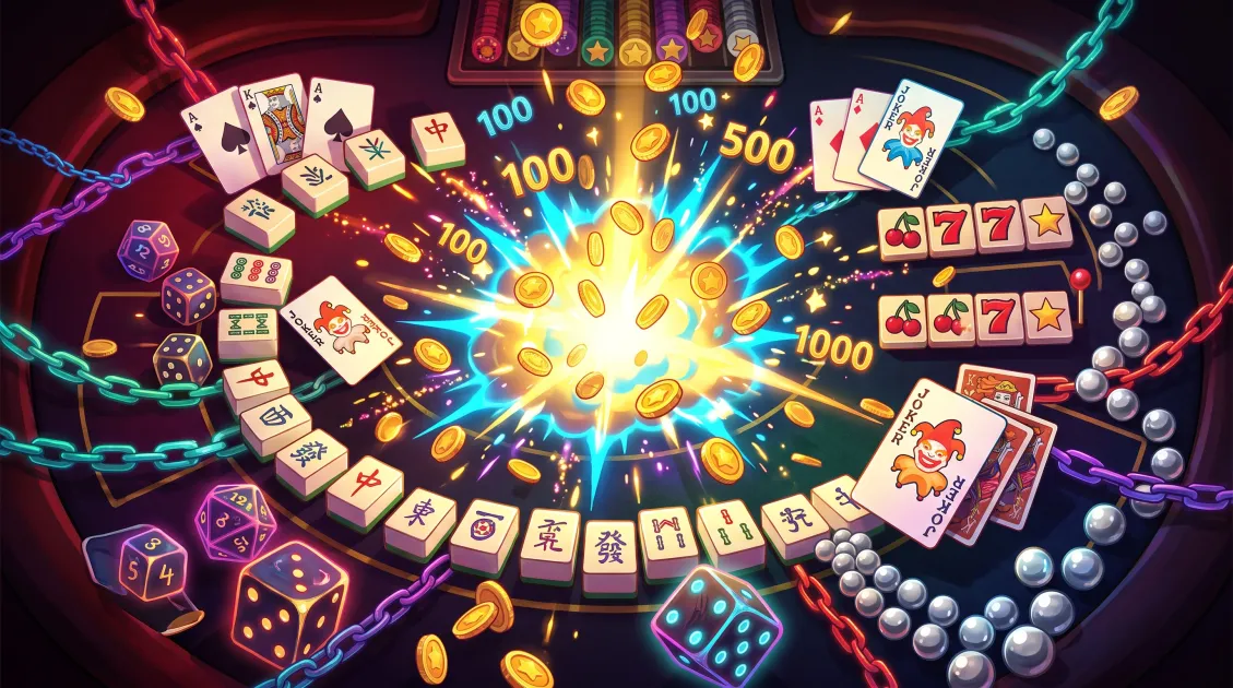 Stylized jokers, cards, dice, tiles, and combo effects around a glowing game table