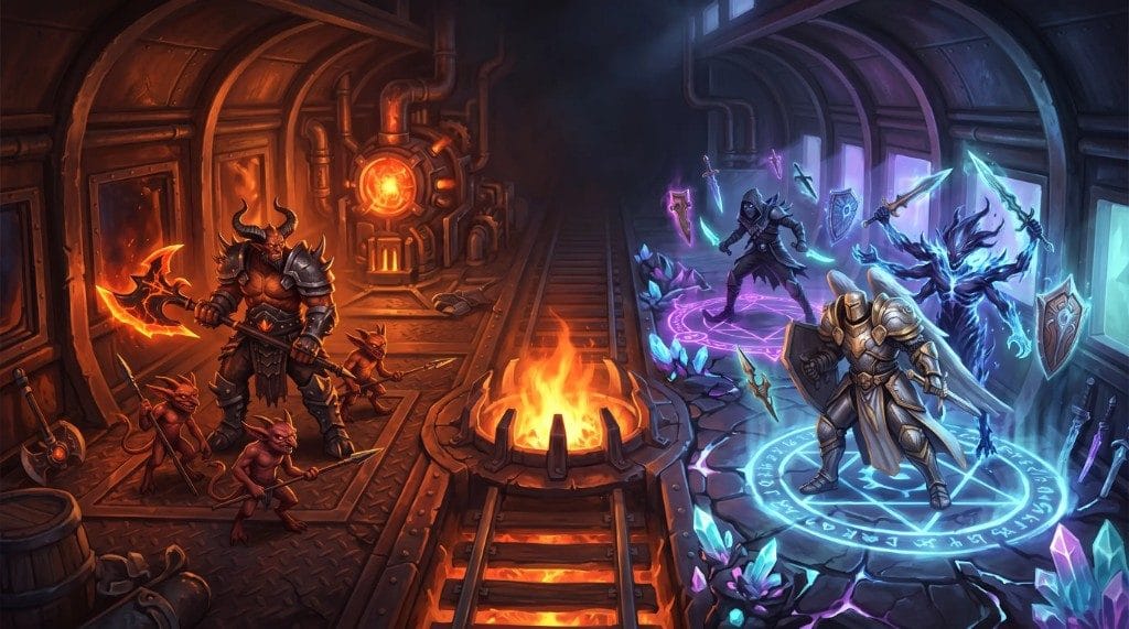 Hell and Heaven factions face off across train tracks with a burning Pyre between them