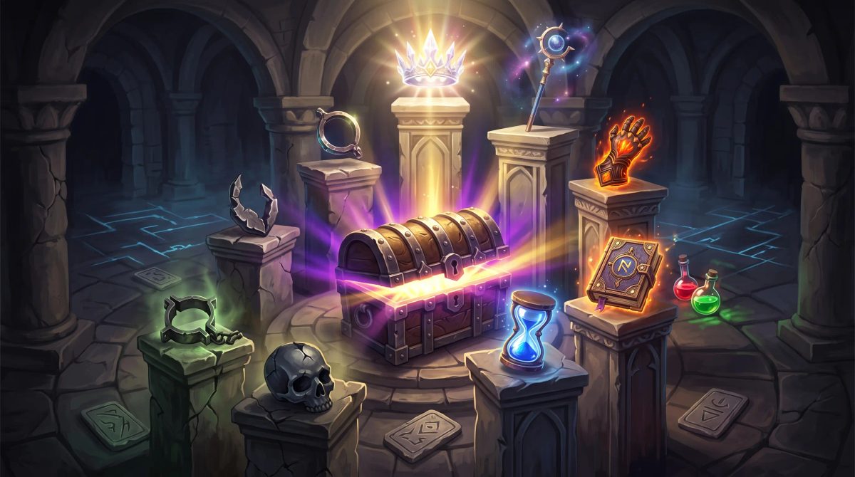 Glowing Slay the Spire boss relics arranged around an A20 chest